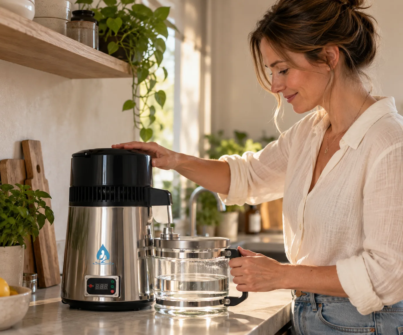 Vrouw vult de glazen kan van de Elixer Water Deluxe waterdestilleerder in haar keuken